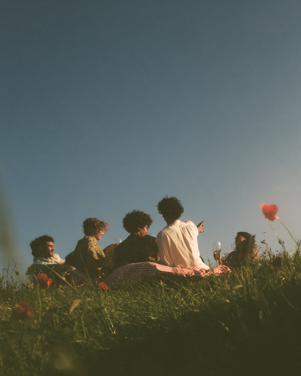 Friends settled on a blanket in the tall grass, a red poppy beside them